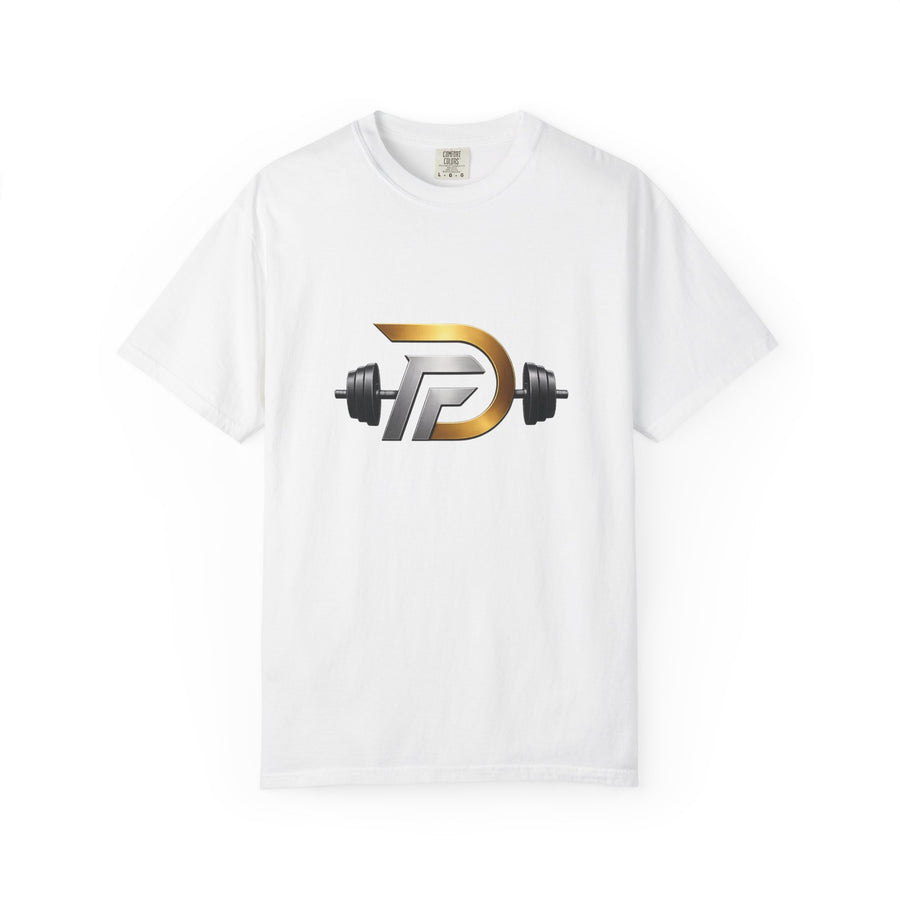 Gym Logo T-Shirt — Gold Streamline Barbell Design