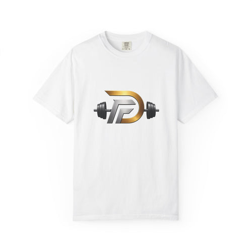 Gym Logo T-Shirt — Gold Streamline Barbell Design
