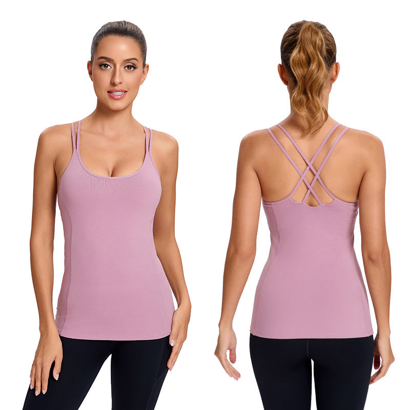 Womens Yoga Vest Double Thin Straps Cross Back Sports Top